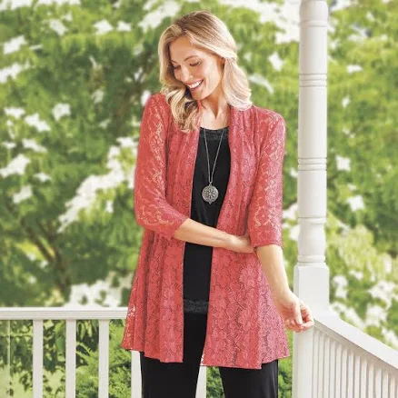 Floral Lace Open Front 3/4 Sleeve Stretch Knit Cardigan