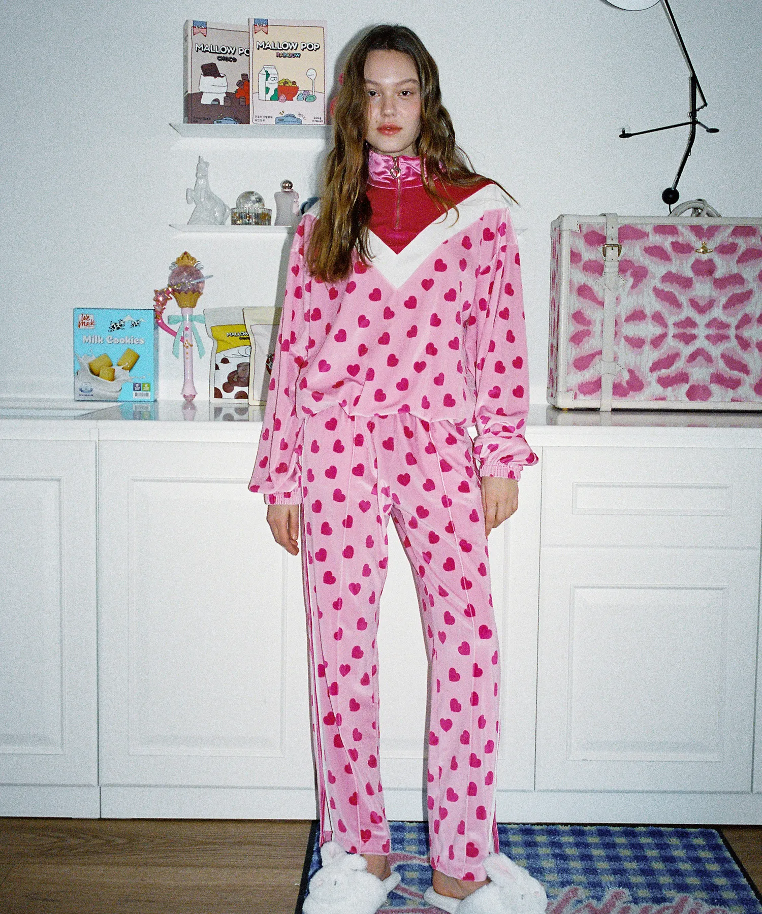 0 3 Heart Velvet Lining Pants - Pink