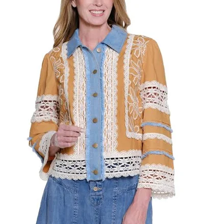 Lace Inset 3/4 Sleeve Jacket - Plus - Artisan Gold 3X / Artisan Gold