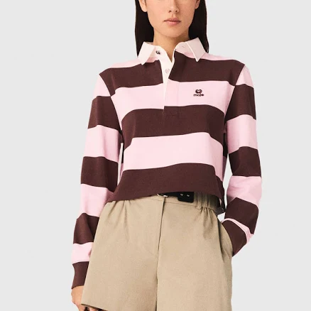 Maje Women's cotton Striped polo sweatshirt for Spring/Summer, size Large, in color Brown/Pink /