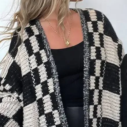 Boxy Checkerboard Knit Cardigan
