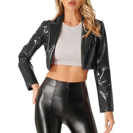 Women's Slim Cropped Patent Leather Motorcycle Jacket