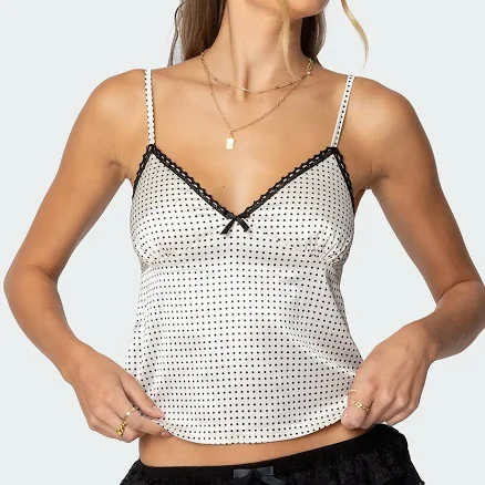 Edikted Women's Polka Dot Satin Lace Trim Top