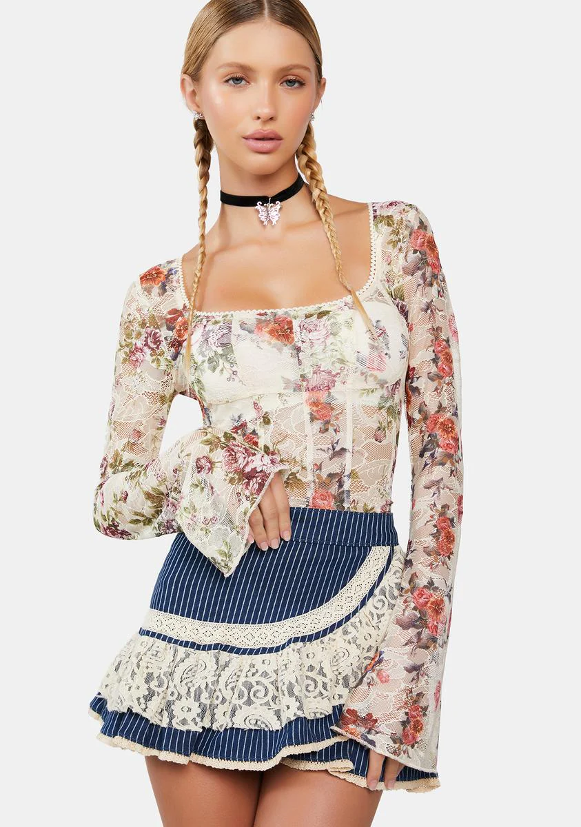 Delia's Long Sleeve Floral Print Corset Top