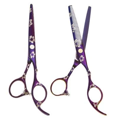 2 Pc 5.5" F27 Purple Floral 30 Tooth Thinner Hair Cutting Set