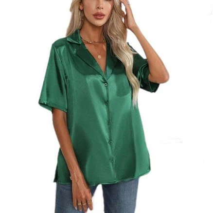 Women Silk Button Down Up Collared Shirts Short Sleeve V Neck Summer Tops Casual Work Satin Blouses, Women's, Size: Small, Green
