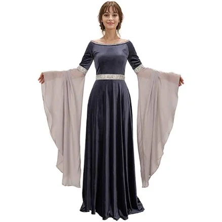 Medieval Fantasy Dress Grey Retro Costume Forest Fairy Elf Velvet Gown