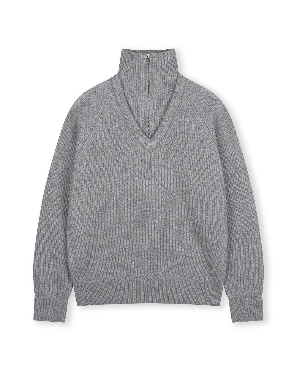 WOOL DOUBLE LAYERED HALF ZIP UP KNIT MELANGE GREY