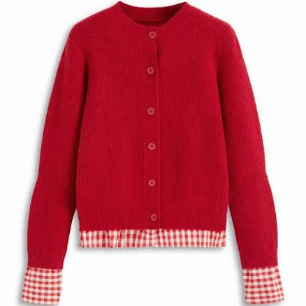 Knit Round Neck Cardigan with Gingham Trim