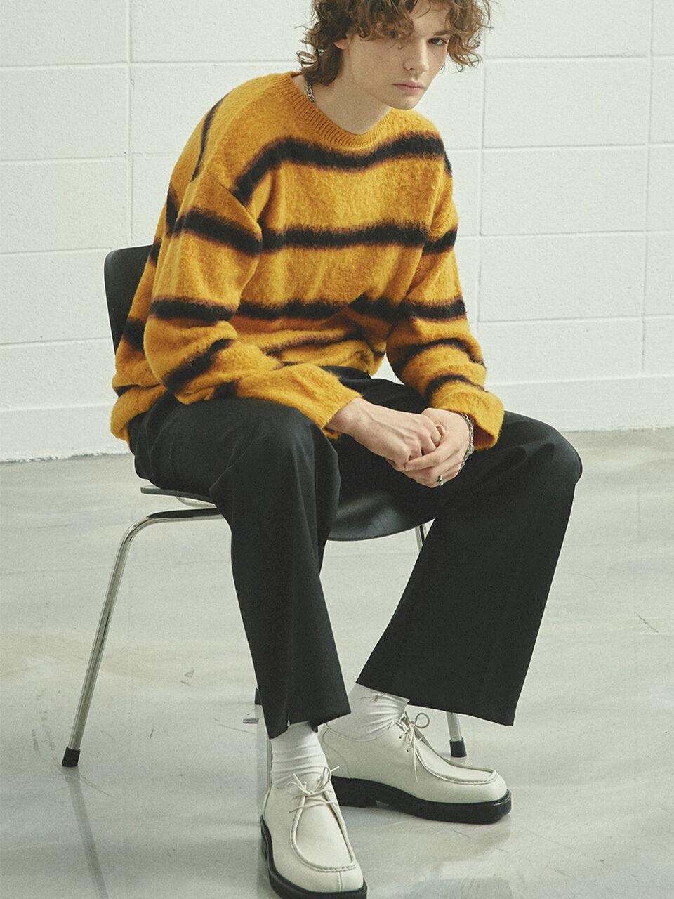 Mustard-Brown Blushed Mohair Stripe Knit Sweater