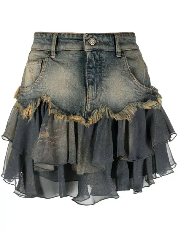 Ruffled-hem Distressed Denim Skirt