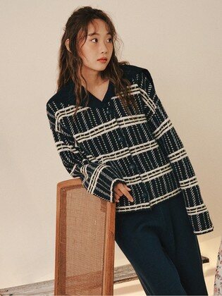 Sailor Collar Check Knit Cardigan