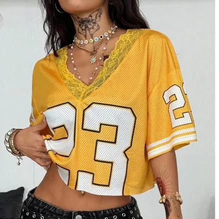 Lace Trim Mesh Crop Top Jersey