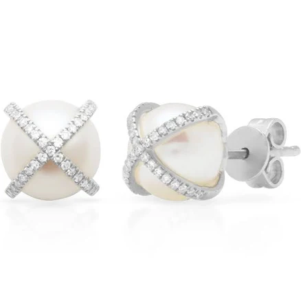 Susan Blake 14K Gold Diamond X and Pearl Stud Earrings