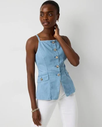 White House Black Market Women's Featherweight Denim Longline Vest