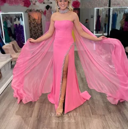 Cape Sleeve Strapless Beaded Slit Mermaid Prom Dress