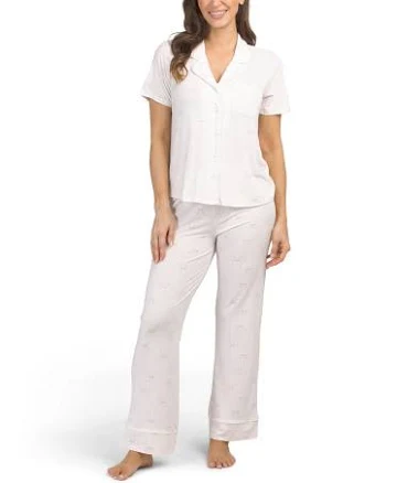 2pc Modal Bow And Stripes Short Sleeve Top And Pants Pajama Set for Women | Cloud Dancer | Size: M | Polyester/Spandex