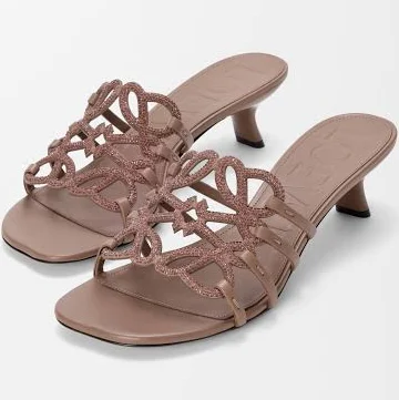 Woman Loewe 45mm Petal Anagram Embellished Leather Mule Sandals Light Taupe