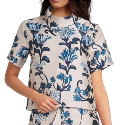 Buru Coordinating Jacquard Floral Print Short Sleeve Mock Neck Top Womens