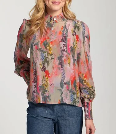 APNY Women's Puff Shoulder Button Front Top