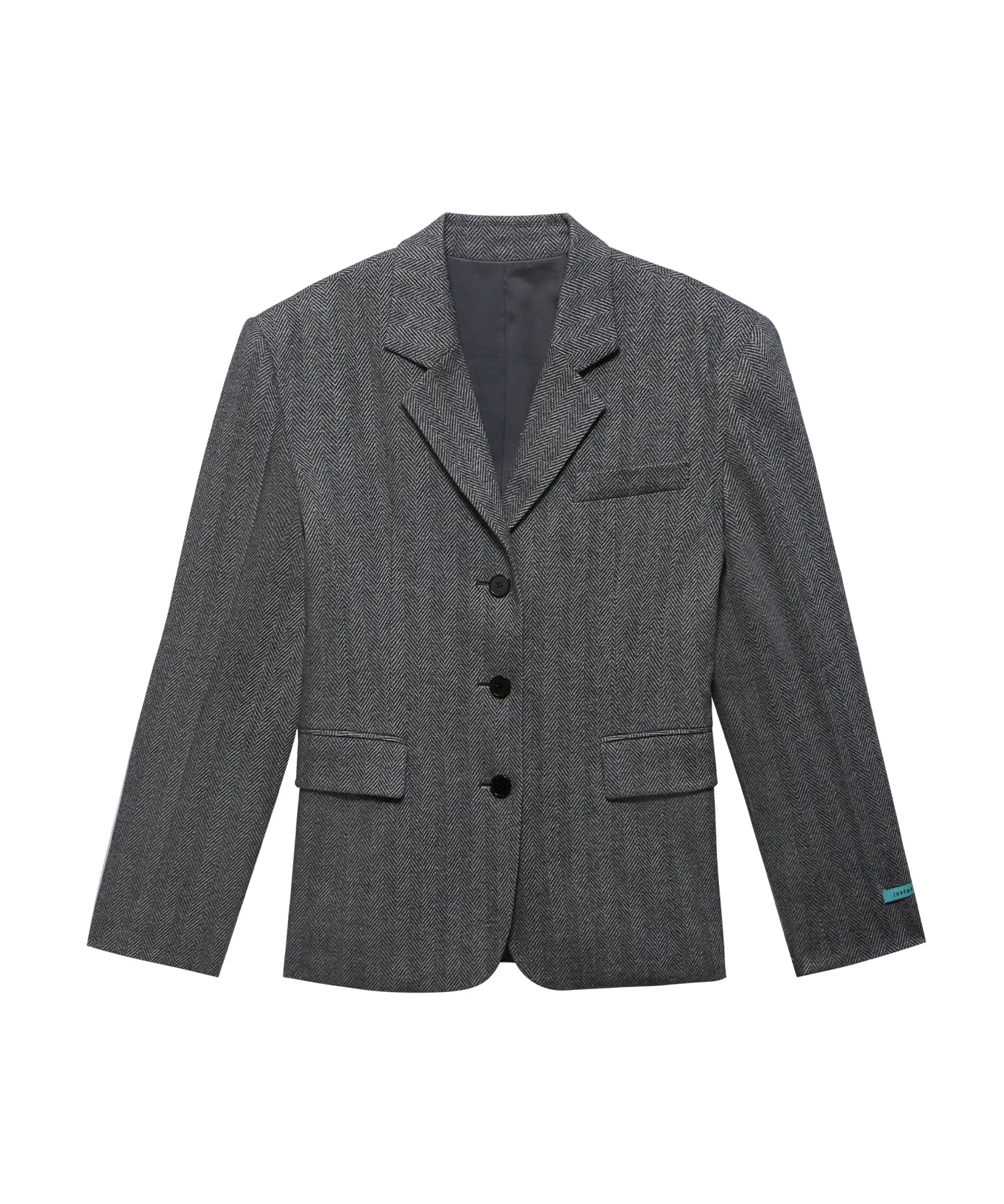 Oversized shoulder Single Wool Jacket - Gray Herringbone