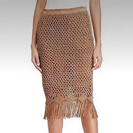 Polo Ralph Lauren Women's Fringe Crocheted Suede Skirt