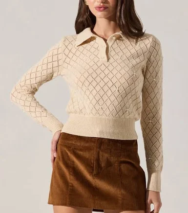 ASTR the Label Women's Aspyn Embellished Pointelle Polo Sweater