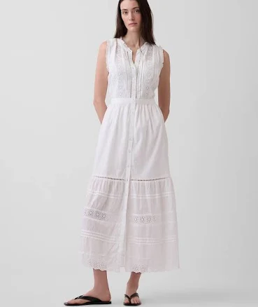 Gap Women's Lace-Trim Tiered Midi Shirtdress