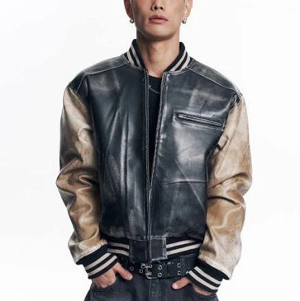 EASY NO EASY Dirty Washed Leather Varsity Jacket