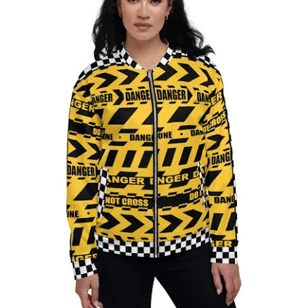 Caution Tape Racer Checker Print Bomber Jacket