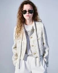 Tweed Cropped Jacket Tie Neck_Ivory
