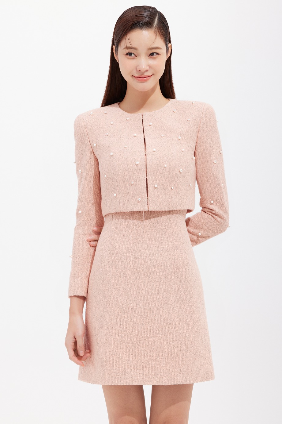 Boucle Pearl Crop Jacket (Peach Beige)