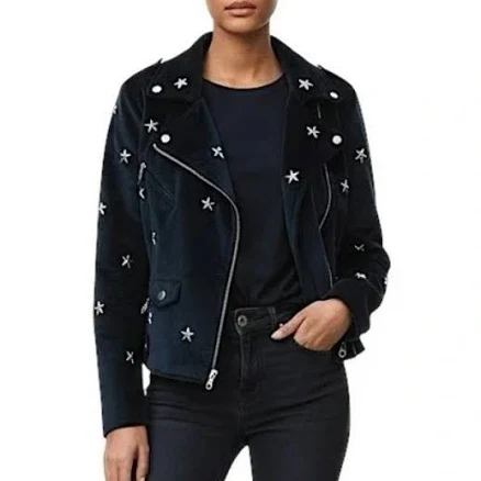 Rebecca Minkoff Wes Star-studded Velour Moto Jacket Navy Blue Women