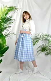 Baby Blue and white check, gingham skirt, 100% cotton, full gathered midi skirt, classic casual style skirt.