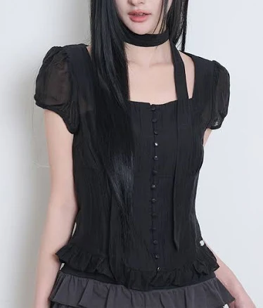 Ribbon Tie Square Neck Blouse