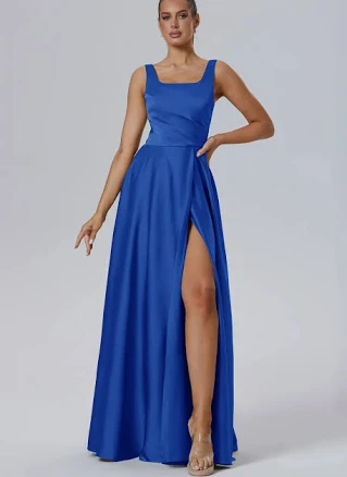 AW.Bridal A-line Square Neckline Floor Length Sleeveless Satin Ruching Split Bridesmaid Dresses Dress