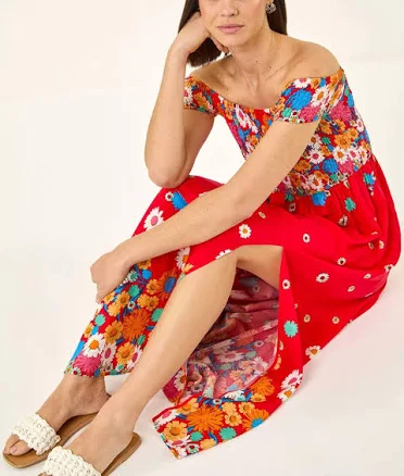 Bardot Shirred Floral Print Midi Dress