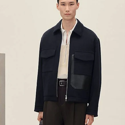 Hermès - Cashmere zipped straight cut jacket with leather details, Men's, Blue