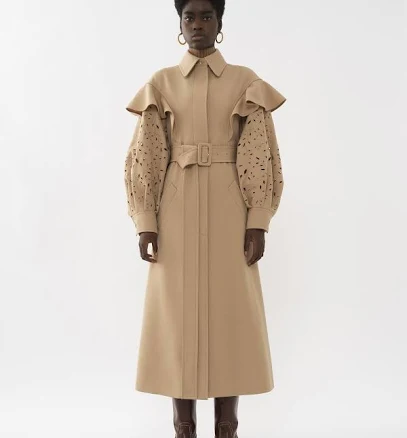 Chloé Women's Belted Ruffled Broderie Anglaise Wool Trench Coat