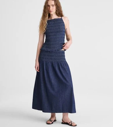 Madewell Women's Smocked-Waist Denim Midi Skirt