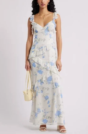 BP. Asymmetric Ruffle Tiered Maxi Dress in Ivory- Blue Bethany Floral at Nordstrom, Size Large