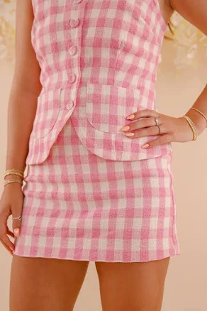 Gingham Print Tweed Mini Skirt