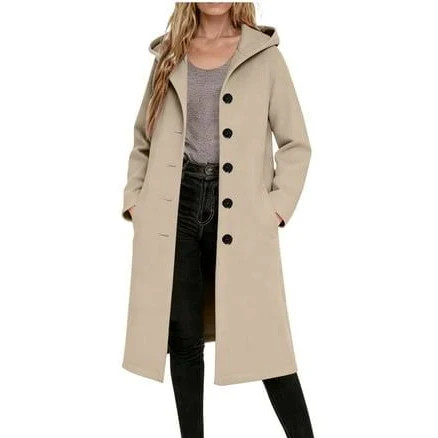 Wool Blend Long Coat Women Single Breasted Winter Jacket Trench Coat with Hood Pocketed Woolen Hooded Overcoat