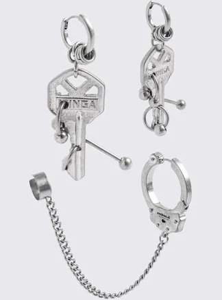 Grunge Silver Key Charm Hoop Earring