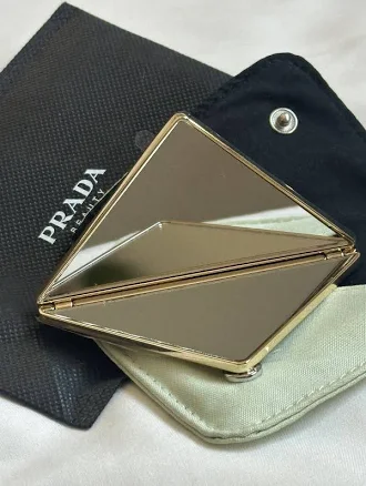 Prada Beauty Gold + Silver Folding Double Mirror Compact W/ Mint Green