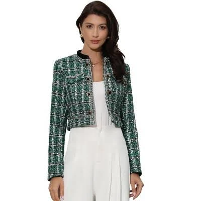 Tweed Cropped Jacket for Women's Stand Collar Double Breasted Office Elegant Plaid Blazer