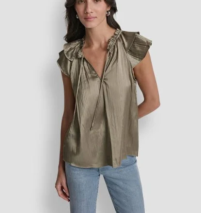 DKNY Women's Short-Sleeve Pleated Tie Front Blouse