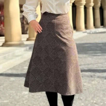 Vintage Wool Plaid Midi Skirt with Pockets