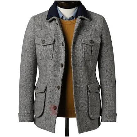 Herringbone Safari Wool Jacket with 4 Pockets