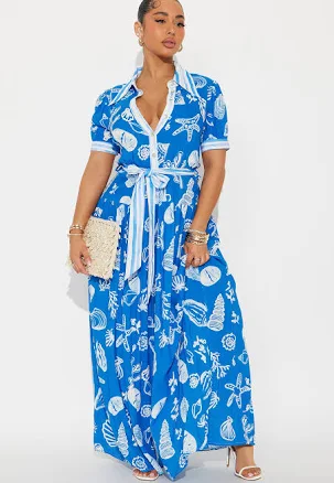 Fashion Nova June Printed Belted Maxi Shirt Dress